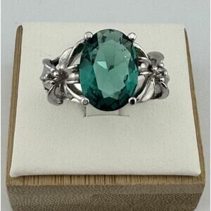 Sterling Silver 925 Oval Cut Teal Green Gemstone Vintage Filigree Floral Ring